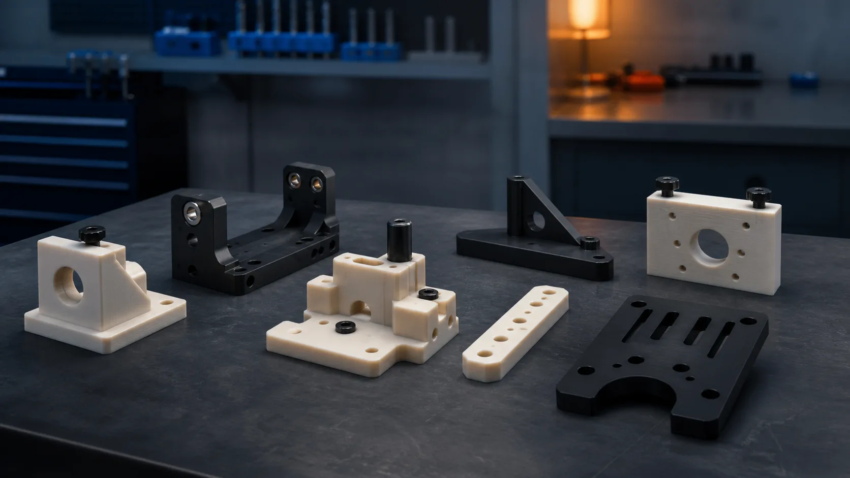 Custom fixtures brackets guides and industrial parts arranged on a technical workbench