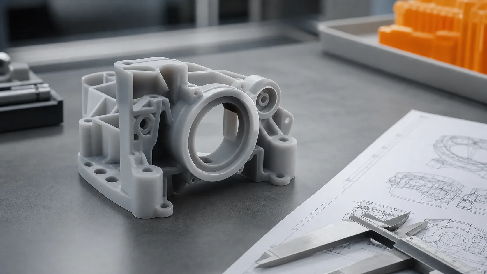 Resin prototype component beside calipers and technical drawings for 3D printing service review