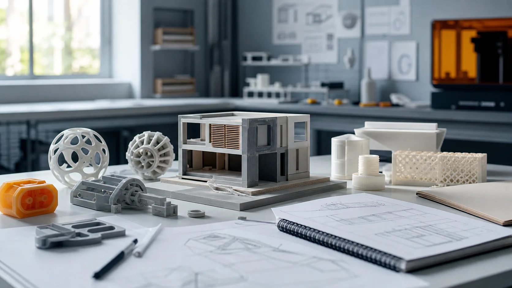 Student project models prototype parts and educational design components on a lab worktable